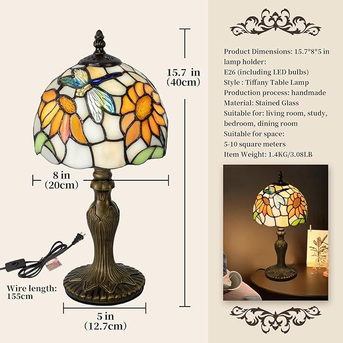 Tiffany Table Lamp,3 Color-Temperature Sunflower Stained Glass Lamp,8 Inch Tiffany Style Lamp for Bedroom Living Room Home, Handcrafted Light, Included Bulb (Yellow Sunflower)