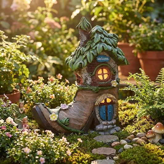 TERESA'S COLLECTIONS Boot Fairy House Garden Statues with Solar Outdoor Light, Resin Fairy Garden Accessories Outdoor Christmas Decorations Lawn Ornaments Yard Decor Thanksgiving Gifts for Mom, 8.5"