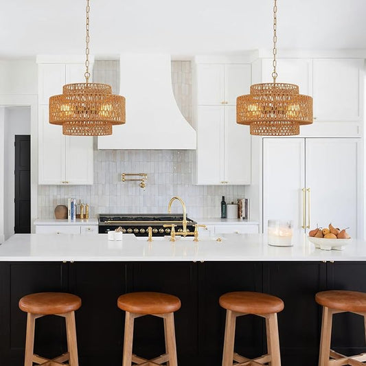 17.8" Boho Rattan Chandelier Light Fixture, 4-Light Golden Hand Woven Pendant Light Fixture Farmhouse Rustic Wicker Chandeliers for Kitchen, Bedroom, Dining Room, Living Room, Hallway, Foyer