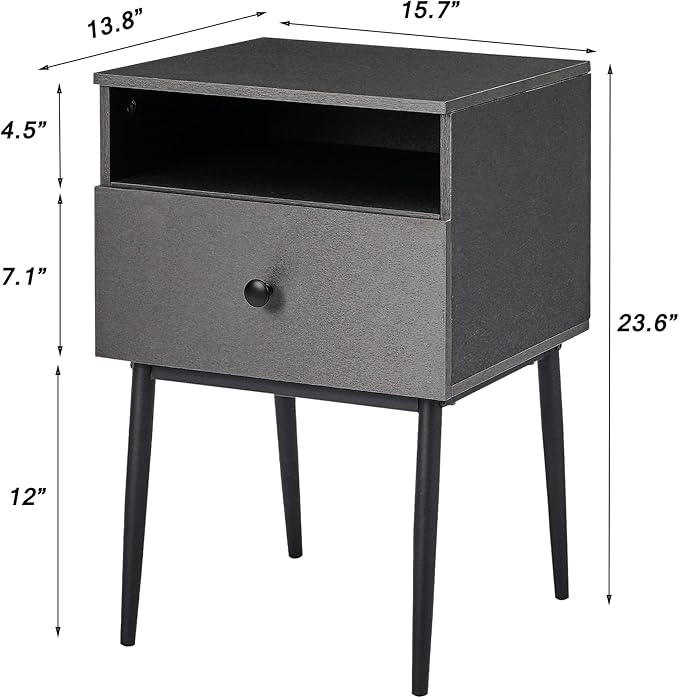VECELO Night Stand for Bedroom Set of 2,Modern Solid Wood Nightstand with Storage Shelf and Drawer, Bedside Table End Table for Living Room,Bedroom,Entryway,Easy Assembly,Gray