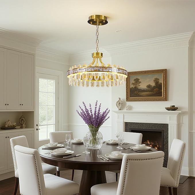 Gold Round LED Crystal Chandelier for Dining Room - 21.6" Luxury 3 Colors Stepless Dimmable Chandeliers,Modern Adjustable Height Pendant Ceiling Light Fixture for Living Room Foyer With Remote Control