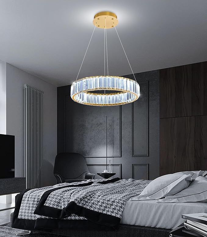 8'' Modern Ring Chandelier Crystal Chandeliers for Dining Room Round LED Dimmable Ceiling Light Fixture for Living Room Bedroom Lighting Gold