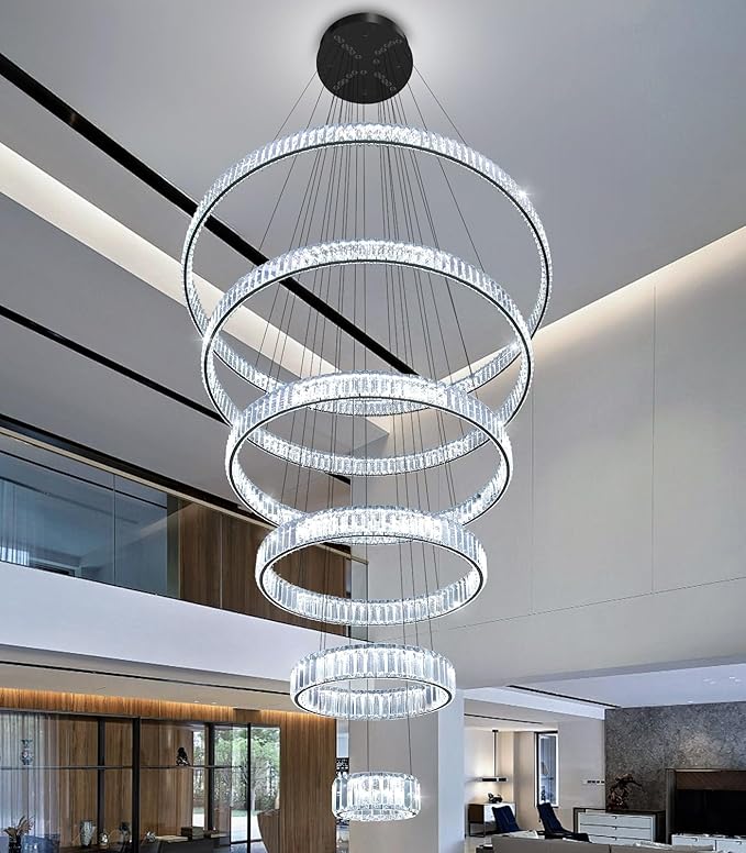 Large Ring Chandelier Modern Crystal Chandeliers for High Ceiling Round LED Dimmable Ceiling Light Fixture for Foyer Long Stair Black 8''+16''+24''+32''+40''+47''