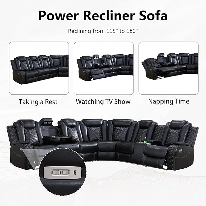Power Recliner Sectional Couch for Living Room, Breathing Leather Reclining Sectional Sofa, 6 Seat L Shaped Reclining Couch with LED Lighting/Cup Holders/Strorage/USB Port (Black)