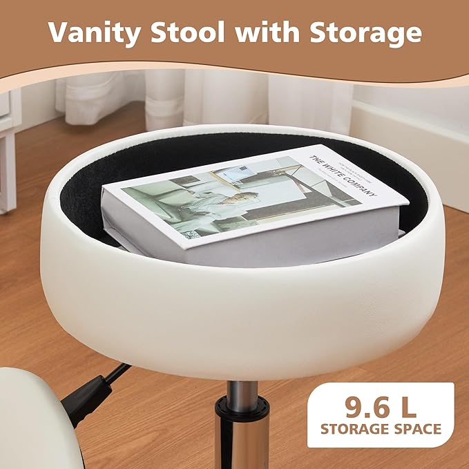 Adjustable Vanity Stool with Storage Rolling Vanity Chair with Wheels Swivel Vanity Stool Chair for Vanity Makeup Stool White