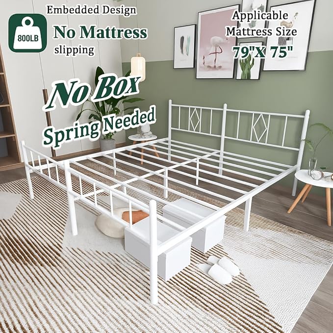 14 Inch King Size Bed Frames with Headboard/Footboard, Under Bed Storage, Strong Metal Slats Support, No Box Spring Needed, Noise Free, Easy Assembly, White