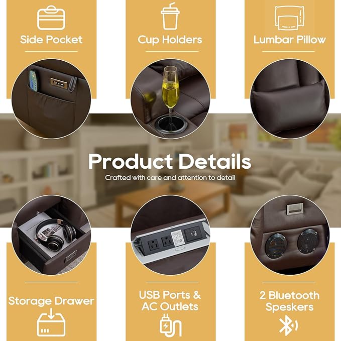 IPKIG Power Recliner Sofa with Flip-Up Backrest Console, USB & USB-C Ports, AC Outlet, LED Lights, Wall Hugger Recliners for Living Room, RV (Brown, 89" - 4 Seat) | Faux Leather, Zero Gravity, Dual Reclining, 2 Lumabr Pillow, Bluetooth Speakers