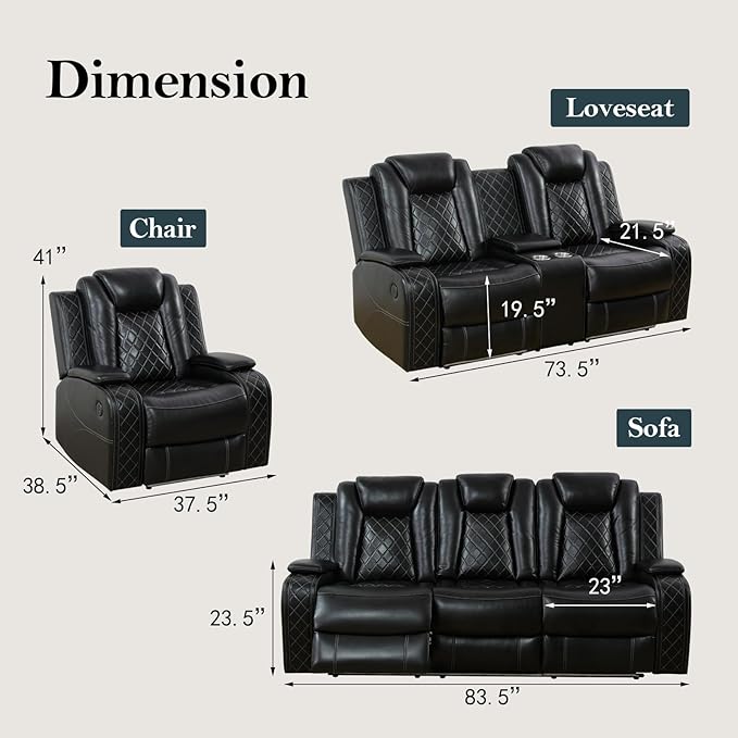 Power Recliner Sofa Set for Living Room, Leather Power Reclining Sofa Sets with LED Lights, Console Storage, Recliner Couch with USB Port(Chair,Black)
