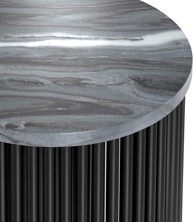 SIMPLIHOME Demy Metal Accent Table - 18 inch Wide Solid Metal Round Side Table with Genuine Marble Top and Slatted Base in Black, Contemporary End Table for Living Room with Compact Design, Assembled