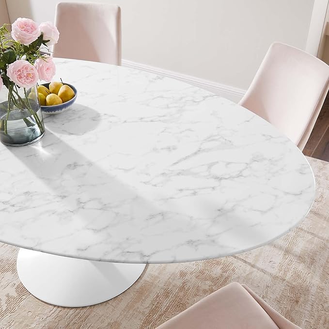 Modway Lippa 78" Oval-Shaped Mid-Century Modern Dining Table with Artificial Marble Top and White Base