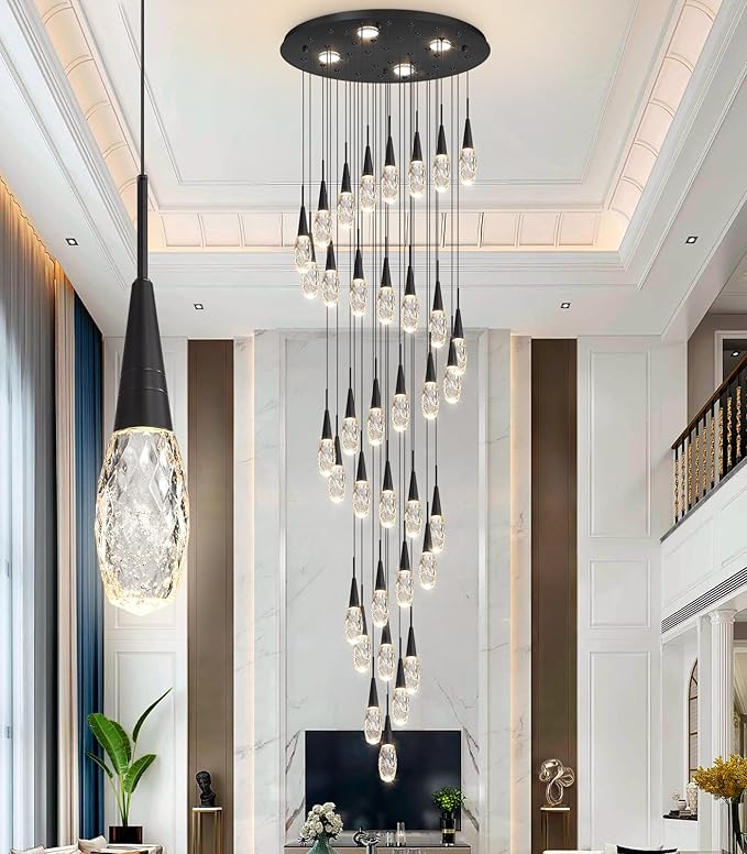 36-Lights 197 Inches Large Modern Chandelier LED Light Fixtures High Ceiling Long Light Chandelier for Entrance Foyer Dimmable Lights with Remote Living Room Ceiling Pendant Lighting Black