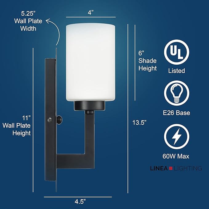 Linea di Liara Brio Black Wall Sconce with Frosted Glass Shade - Modern Wall Light Fixture for Bathroom, Vanity, and Hallway