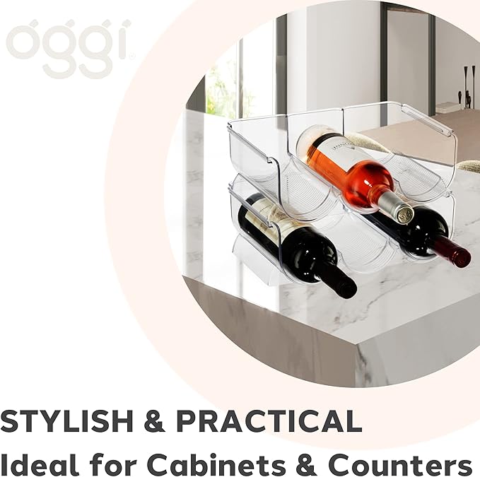 Oggi Bottle Rack for Wine, 6 Bottle Wine Storage - Stackable Wine Rack, Secure Stack Tabs. Water Bottle Storage, Wine Bottle Holder for Kitchen, Cabinet, Fridge - Each Rack Holds 3 Bottles, 2 Pack