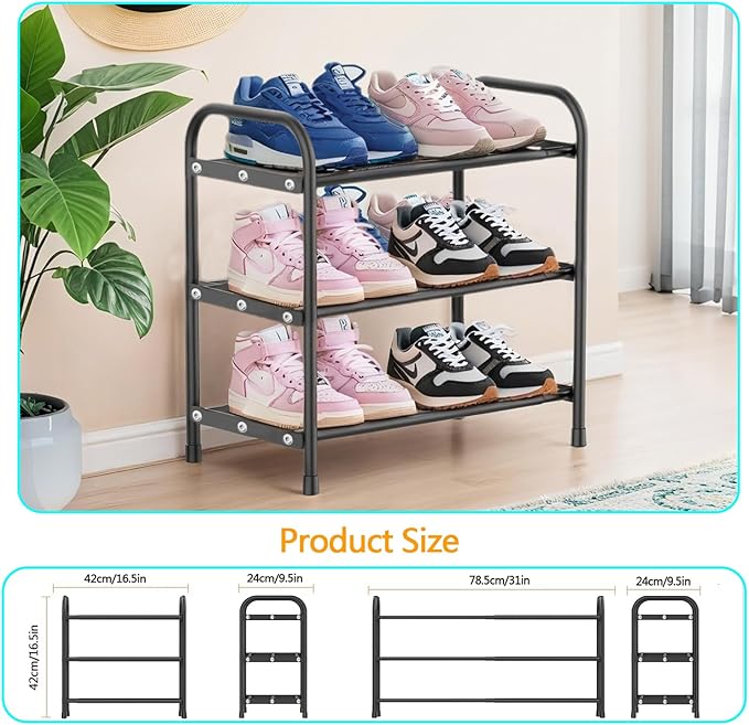 Expandable Shoe Rack, 3 Tier Adjustable Shoe Organizer Shelf for Closet,Slim Narrow Black Metal Free Standing Shoe Rack Storage for Small Space, Entryway, Hallway