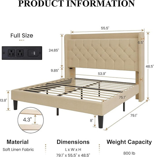 SHA CERLIN Full Size Platform Bed Frame with Charging Station, Velvet Wingback Headboard with Storage Shelf, Wooden Slats Support, Ample Under-Bed Space, No Box Spring Needed, Easy Assembly, Beige