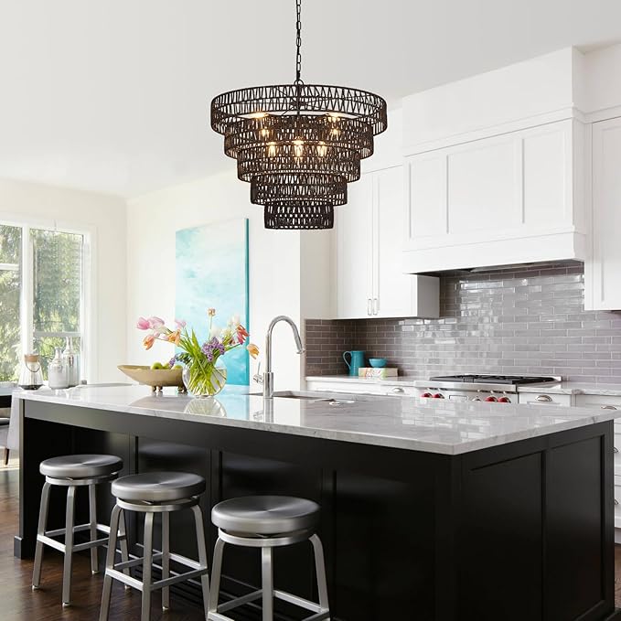 25.6” Black Hand-Woven Rattan Chandelier Vintage Farmhouse 8-Lights Boho Large Bamboo Chandelier Light Fixture Retro 5-Tier Drum Wicker Chandeliers for Dining Room, Kitchen, Bedroom, E12
