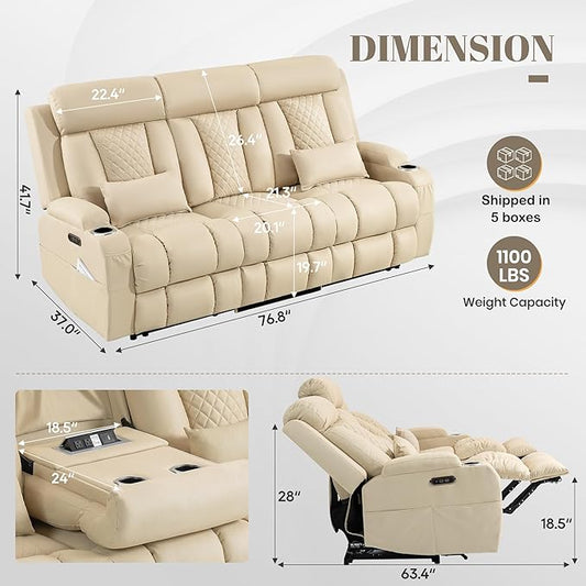 Zero Wall Hugger Power Reclining Sofa with Adjustable Headrest, Electric Reclining Couch with Drop-Down Table,Outlets, Power Loveseat Recliner Sofa for Living Room,RV (Beige, 3 Seat)