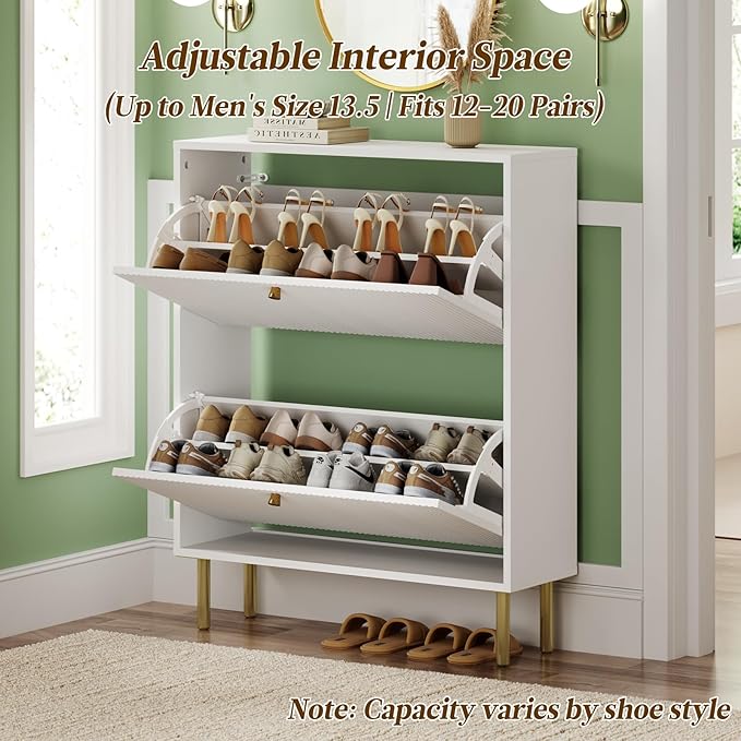 Nicetree Shoe Storage Cabinet for Entryway - 2 Flip Drawers Shoe Cabinet with Tiered Fluted Design - Slim Shoe Storage Rack with Gold Legs - Narrow Shoe Cabinet Hidden Shoe Organizer for Small Spaces