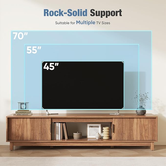 DUMOS 70" Mid Century Modern TV Stand, Mocha Brown Wood Entertainment Center with Storage Cabinets, Media Console Table with Straight Legs & Cable Management for Living Room, Bedroom, Office