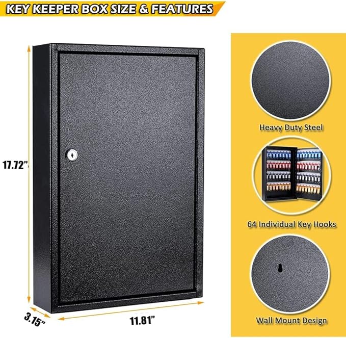 Furnishh Key Box Wall Mount 64 Position Metal Locking Key Cabinet Organizer with Key Tags Key Safe Security Storage Lockbox Holder for Valets, Hotels, Car and House Keys, Key Keeper Box - Black