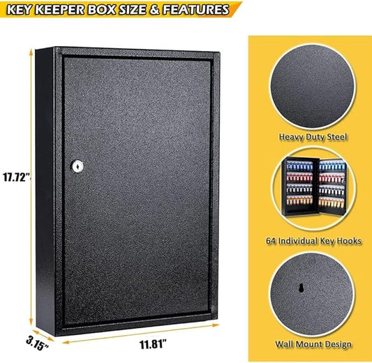 Furnishh Key Box Wall Mount 64 Position Metal Locking Key Cabinet Organizer with Key Tags Key Safe Security Storage Lockbox Holder for Valets, Hotels, Car and House Keys, Key Keeper Box - Black