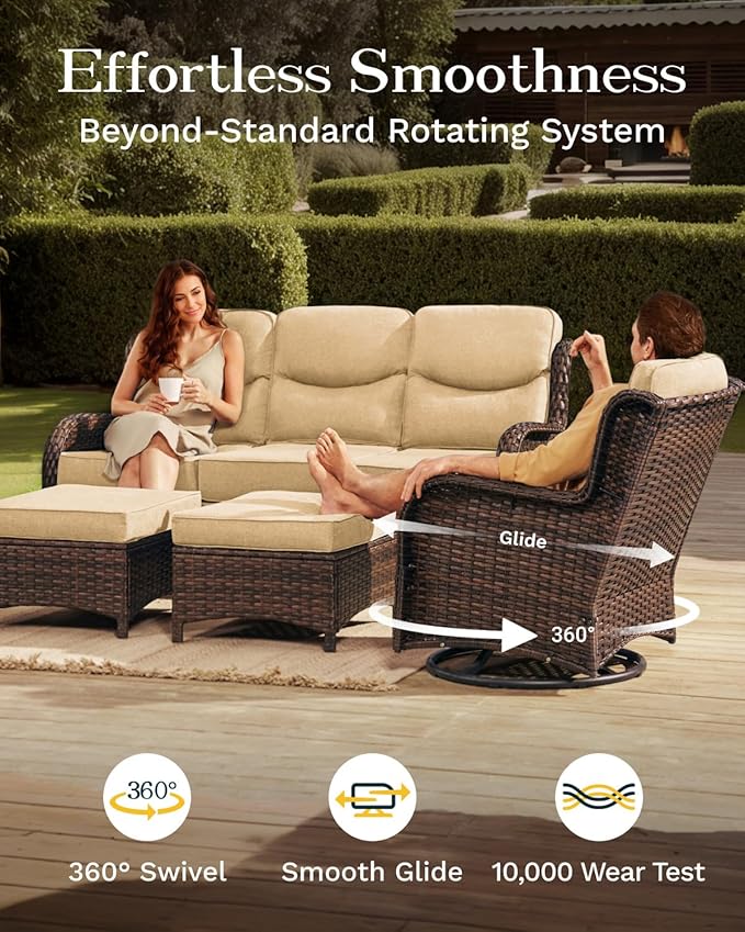 High Back Outdoor Furniture with Extra Thick Cushion Patio Swivel Rocking Chairs, Comfort 3-Seat Sofa, 5PCS Oversized Wicker Conversation Set for Porch, Deck, Yard in Beige