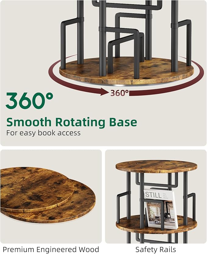 5 Tier Rotating Bookshelf with Extra Storage Cabinet, 360°Spinning Corner Bookshelf, Floor Standing Bookcase for Kids & Adult, Narrow Book Shelf for Bedroom Living Room, Vintage Brown
