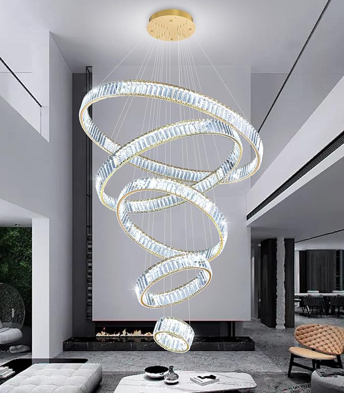 Large Ring Crystal Chandelier Modern Dimmable Chandelier High Ceiling Chandelier Round LED Ceiling Light Fixture for Foyer Long Stair Big Chandelier Gold 8''+16''+24''+32''+40''