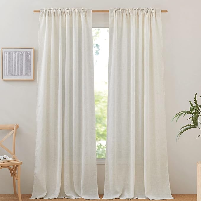 NICETOWN Linen Curtains for Windows 90 inch Long 2 Panels, Rod Pocket & Back Tab Semi Sheer Linen Blend Window Treatments Privacy with Light Filtering for Bedroom/Living Room, Natural, W52 x L90