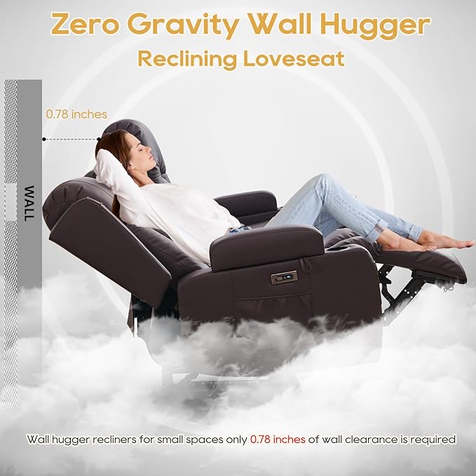 IPKIG Power Recliner Sofa with Flip-Up Backrest Console, USB & USB-C Ports, AC Outlet, LED Lights, Wall Hugger Recliners for Living Room, RV (Chestnut, 67" - 3 Seat) | Breathable Leather, Zero Gravity, Dual Reclining, 2 Lumabr Pillow, Bluetooth Speakers