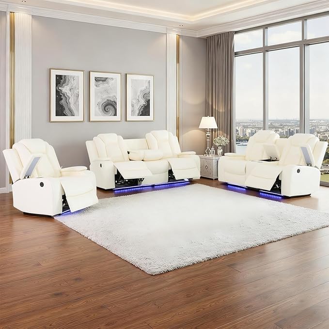 Power Leather Recliner Sofa Set with LED Light,Reclining Couch Set with USB Charger/Cup Holder/Storage,Leather Couch for Living Room Furniture Sets(3+2+1 Seats,Creamy)