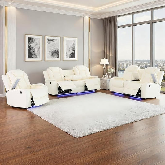 Power Leather Recliner Sofa Set with LED Light,Reclining Couch Set with USB Charger/Cup Holder/Storage,Leather Couch for Living Room Furniture Sets(3+2+1 Seats,Creamy)