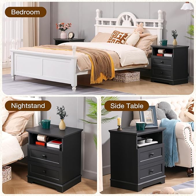 20-Inch Wide Modern Nightstand with Charging Station & Outlets, Bedside Table with 2 Drawers and Open Shelf, Sleek Design End Table for Bedroom and Office, Black (Single Piece)