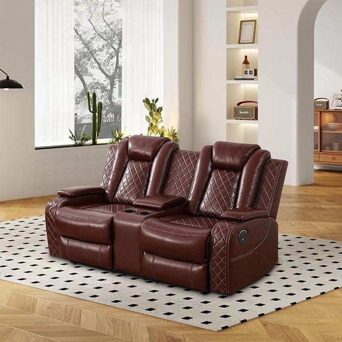 Power Recliner Sofa Set, Air Leather Reclining Couch with LED/Cup Holders/Storage, 2 Pieces Reclining Living Room Furniture, Burgundy Leather Sofa and Loveseat for House/Apartment/Office
