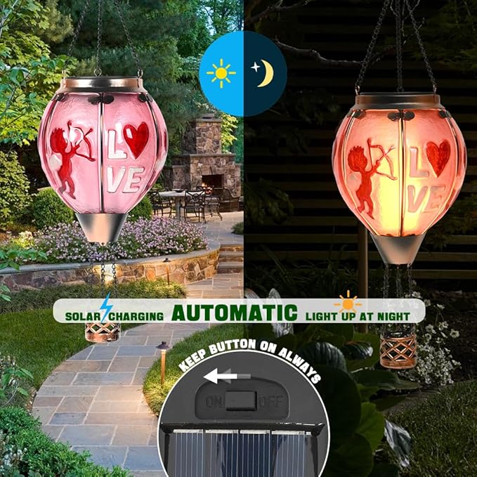 Hot Air Balloon Solar Lantern - Valentine's Day Glass Lantern, Simulated Flickering Dancing Flame, Outdoor Hanging Sunflower Yard Light Waterproof IP65 for Valentines Gift
