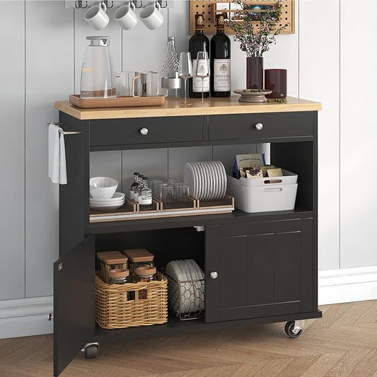 Rolling Kitchen Island with Storage Cabinet, 35.4'' Width Kitchen Cart, 2 Drawers Island Table, Portable Mobile Kitchen Island with Towel Rack, Wood Top and Lockable Wheels, Black