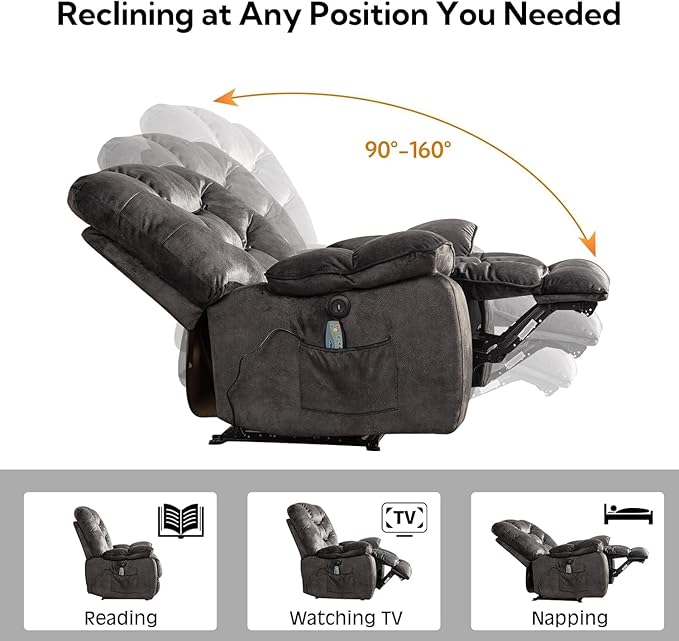 HAOMARKETS Power Recliner Chair with Massage and Heat, 41" Wide Electric Reclining Chairs with USB Port, Breathable Fabric Overstuffed Reclining Sofa for Living Room,Grey