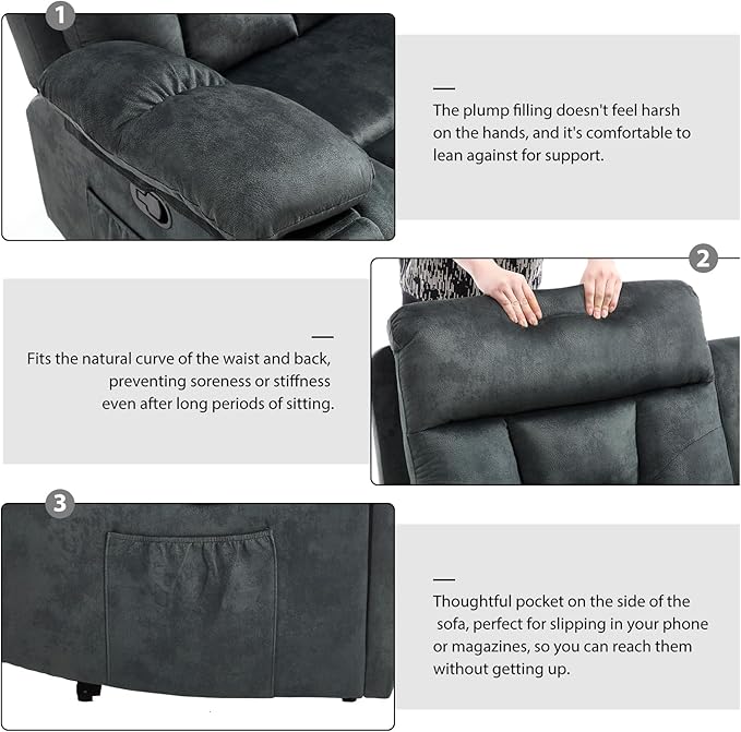 CANMOV Recliner Sofa Set, Power Lift Recliner with Massage&Heat and 3 Seat Sofa, Reclining Sofa with Overstuffed Armrest, Hidden Cup Holders, for Living Room, Greenish-Gray
