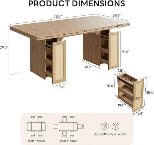 LIKIMIO 78.7" Farmhouse Dining Table for 6-8 People, Extra Thick Wood Top with 2 Hidden Adjustable Storage Drawers, Modern Woven Rattan Table for Dining Room, Kitchen, Living Room, Rustic White