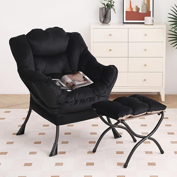 Lazy Chair with Ottoman, Modern Chair with Folding Footrest, Velvet Black Accent Chair, Comfortable Reading Chair, Oversized Armchairs for Bedroom, Study, Living Room, Courtyard