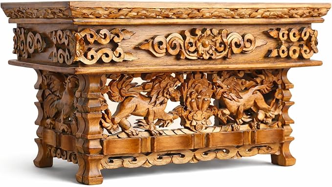 Tribe Azure Fair Trade Small Snow Lion Altar Table, Hand Carved Wooden Table with Majestic Garuda, 16 in x 9 in x 9 in