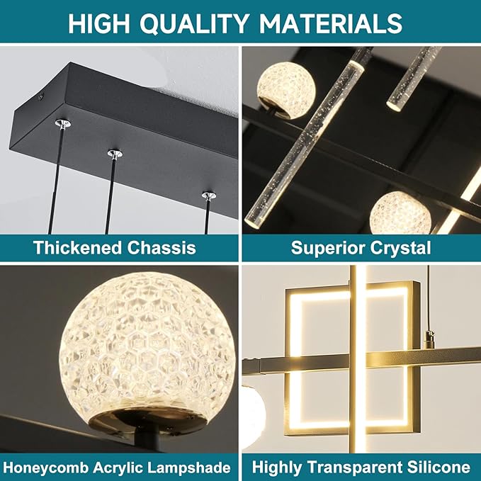 Modern LED Pendant Lights, 47in Dimmable Linear LED Chandelier Lighting, Square Black & Gold Dining Room Hanging Light Fixtures Kitchen Island Globe Pendant Light for Dining Table (4200lm)
