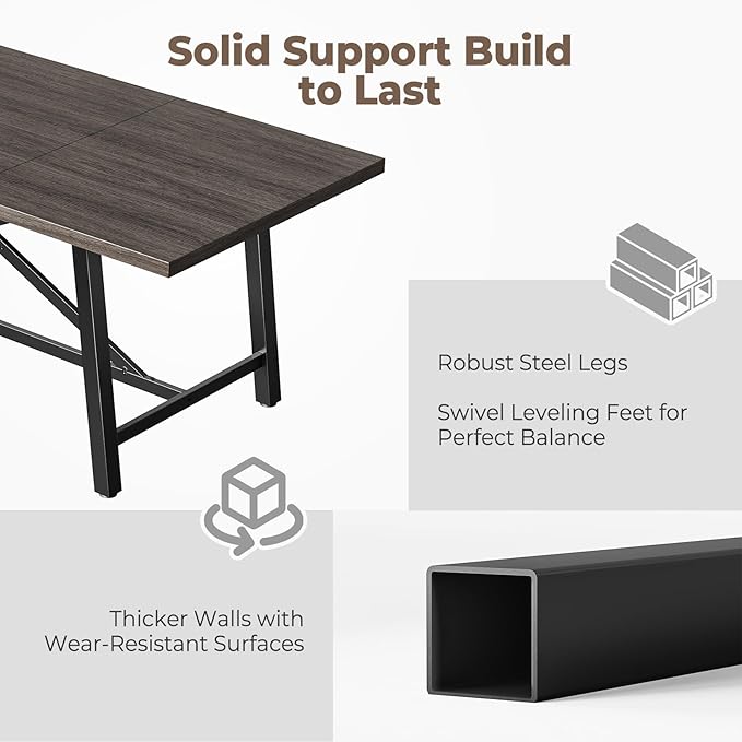 Concho 71" Solid Thick Dining Table for 6-8 People, Long Wooden Kitchen Dinner Table with Sturdy Metal Frame for Home Office,Dining Room,Living Room Furniture, Deep Grey(Chairs Not Included)