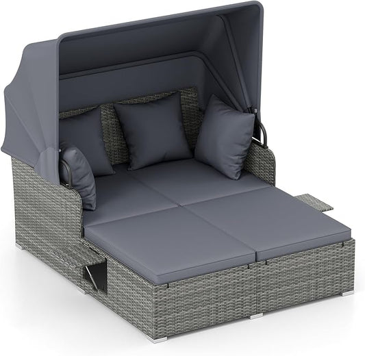 Tangkula Patio Rattan Daybed with Retractable Canopy, Outdoor Wicker Sunbed Lounger with 2 Foldable Side Tables, Thick Seat & Back Cushions, Outside Double Daybed for Garden, Backyard, Porch, Grey