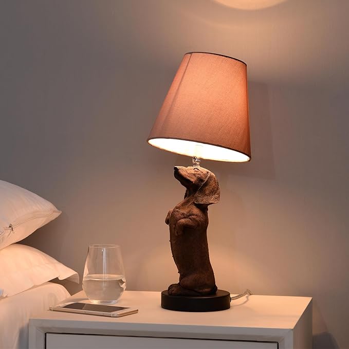 YANIC Lamp for Bedroom, Bedroom Nightstand, Classic Bedside Lamps, Lamps for Night Stands, Adjustable Angle Dog Statue Rocker Switch Brown Fabric Shade Mental Base (24112A)