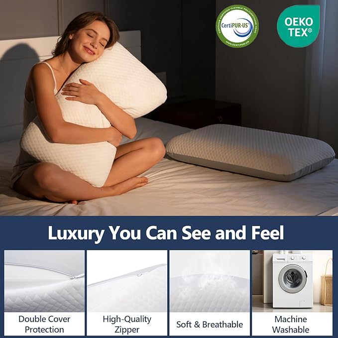 Memory Foam Pillow, Cooling Contour Bed Pillow for Sleeping, Medium Firm Neck & Shoulder Support, Double-Sided Design for All Seasons, Washable Cover (White Upgrade, 16 × 28 × 3 in)
