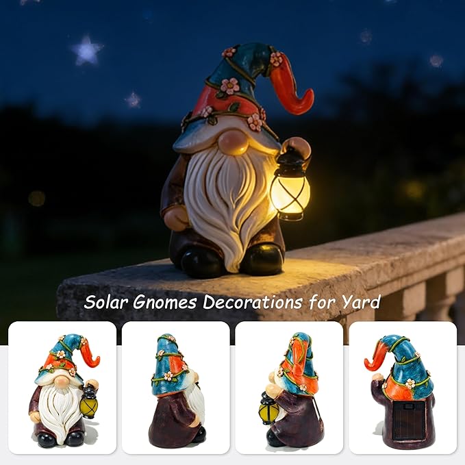 Garden Gnomes Statues with Solar LED Light - Mini 4.9 inch Gnome Sculptures for Porch Balcony Patio Yard Lawn Balcony Home Decor Mother's Day Birthday Gifts for Women