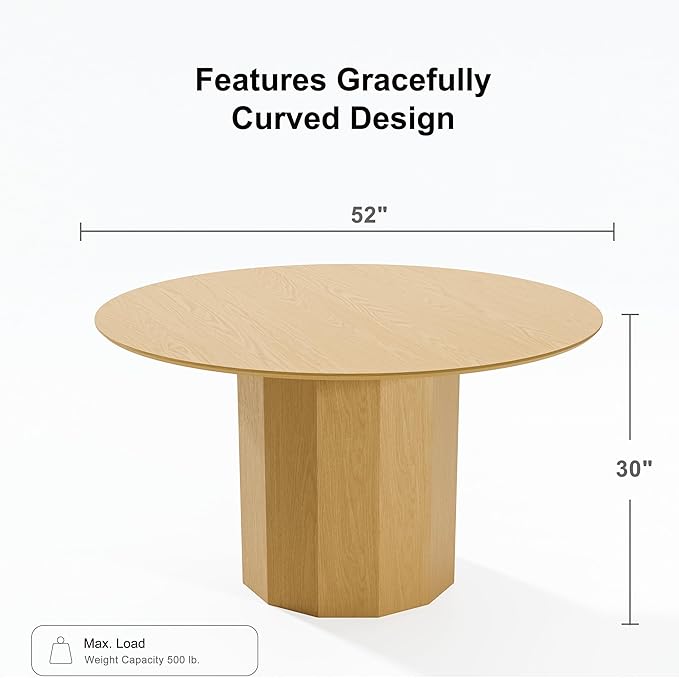 Casaphoria 52" Round Dining Table, Modern Wood Kitchen Table with Cylinder Polygonal Base for Living Room & Dining Room, Easy Assembly Farmhouse Furniture for 4-6, Oak