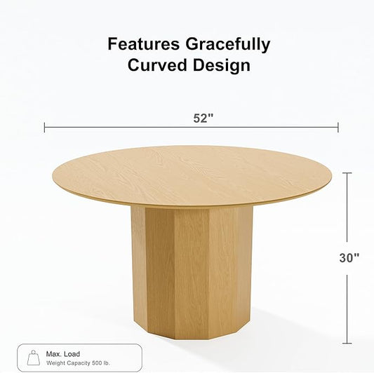 Casaphoria 52" Round Dining Table, Modern Wood Kitchen Table with Cylinder Polygonal Base for Living Room & Dining Room, Easy Assembly Farmhouse Furniture for 4-6, Oak