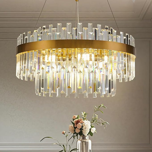 Modern Luxury Brushed Gold Round Crystal Chandelier, 9-Light 2-Tier Raindrop Adjustable Flush Mount Pendant Light for Dining Room, Living Room, Foyer, Entryway - 23.6" D, E12 Base